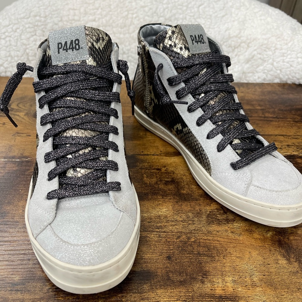 P448 Women's Black and Gray Snake High-Top Sneakers